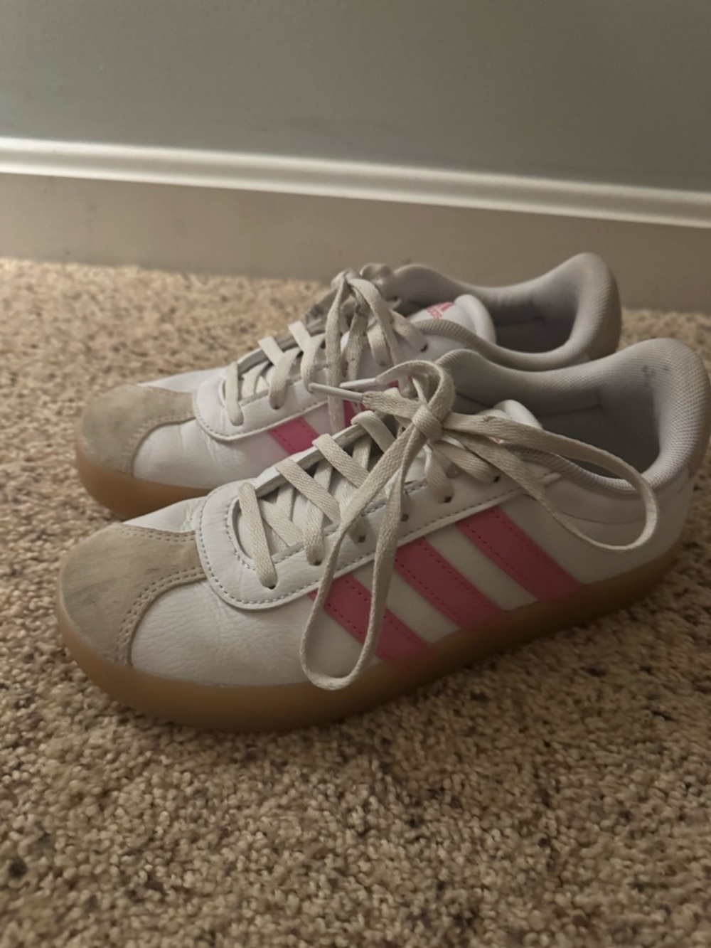 adidas Kids White Sneakers with Pink Stripes and Gum Sole
